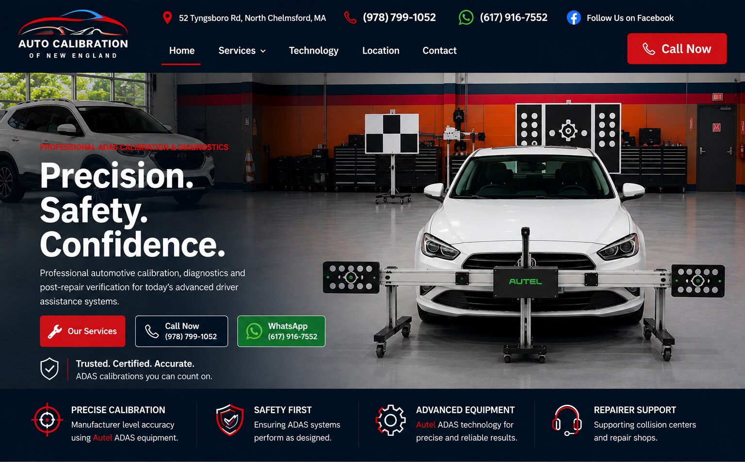 Auto Calibration of New England ADAS calibration hero with AUTEL equipment, phone and WhatsApp contact information