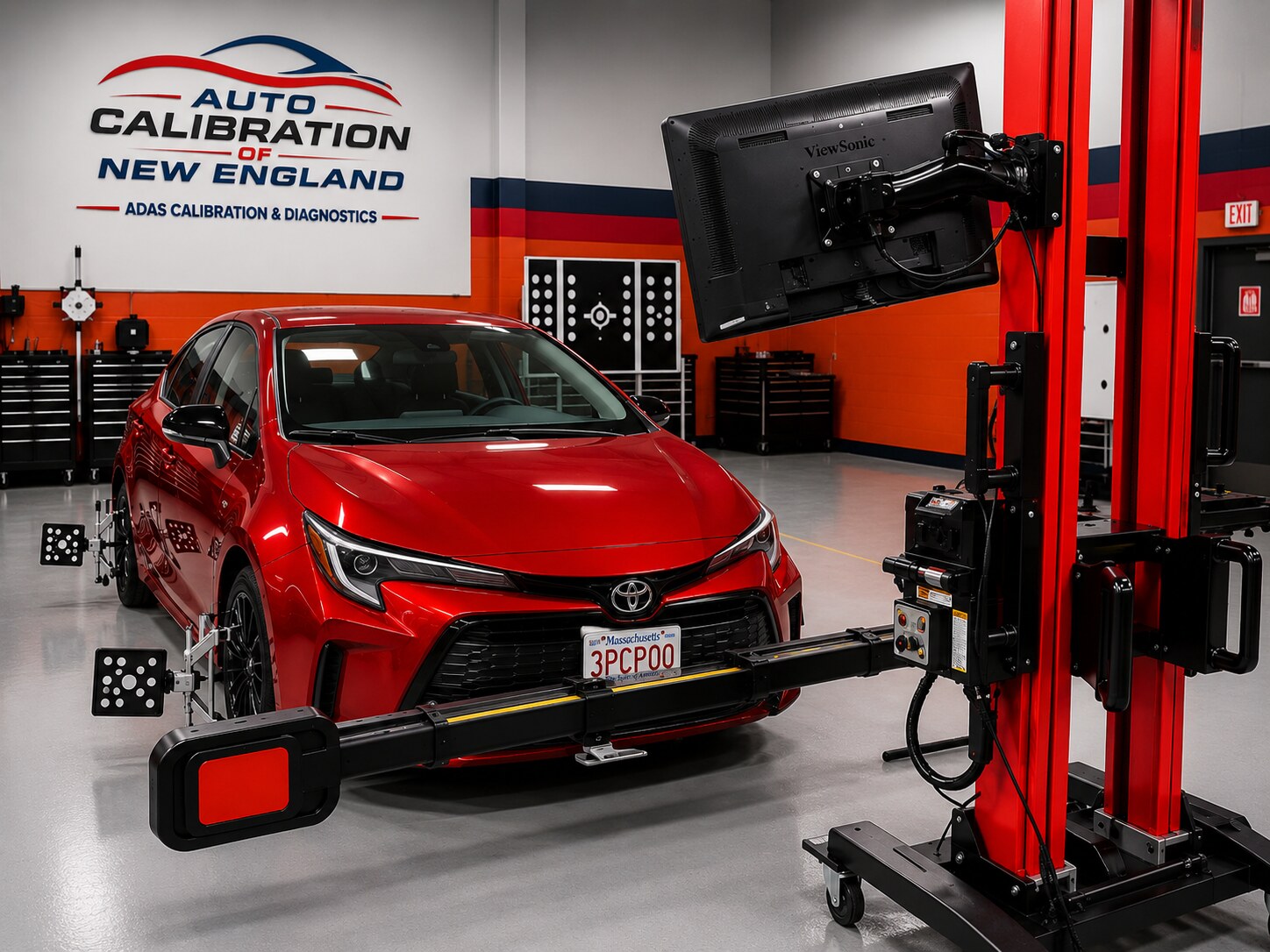 Red Toyota undergoing calibration inside Auto Calibration of New England